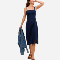 Vestido midi feminino com linho e fenda azul
