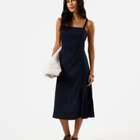 Vestido midi feminino com linho e fenda azul