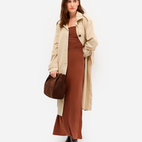 Vestido longo feminino franzido alça fina marrom