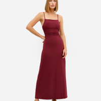 Vestido longo feminino franzido alça fina vinho