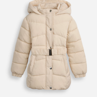 Jaqueta puffer infantil longa com cinto bege