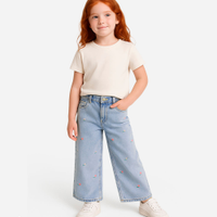 Calça wide leg infantil jeans floral - jeans claro