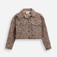Jaqueta cropped juvenil de sarja animal print colorida