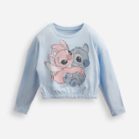 Blusa de algodão infantil manga longa com paetê stitch e angel azul