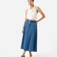 Saia longa feminina jeans com cinto azul
