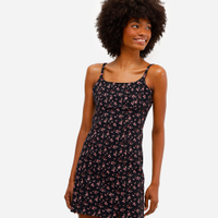 Vestido curto feminino de algodão floral com fenda preto