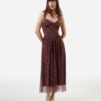 Vestido midi feminino de tule floral marrom