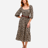 Vestido midi feminino de viscose manga bufante animal print bege