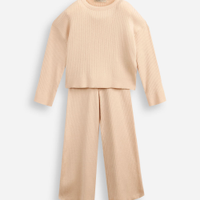 Conjunto longo infantil de tricot canelado bege