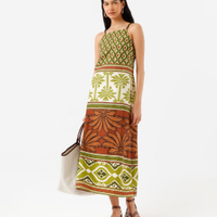 Vestido midi alça fina feminino com algodão e fenda estampado verde