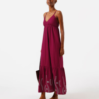 Vestido longo alça fina feminino de algodão com recorte e bordado floral vinho
