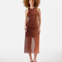 Vestido midi feminino de tule franzido degradê marrom