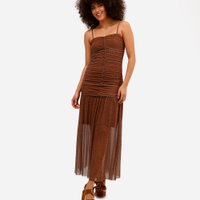 Vestido midi feminino de tule poá franzido marrom