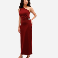 Vestido midi ombro único feminino com franzido vinho
