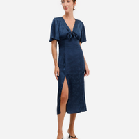 Vestido midi feminino de jacquard acetinado floral azul