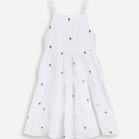 Vestido infantil evasê com bordados e marias off white