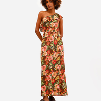 Vestido midi feminino ombro único com babado floral marrom