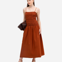 Vestido midi de algodão alça fina franzido marrom