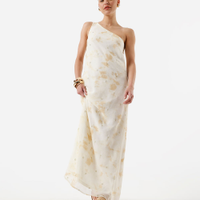 Vestido longo ombro único feminino bordado texturizado bege