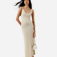 Vestido alça fina midi feminino de tricot com lurex bege