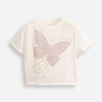 Camiseta infantil de algodão borboleta com glitter off white