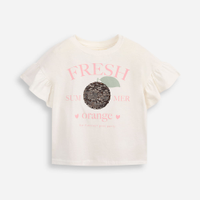 Camiseta de algodão infantil com babados e paetê off white