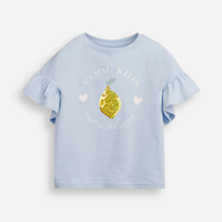 Camiseta de algodão infantil manga com babado e paetê azul