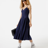 Vestido midi alça fina feminino de algodão franzido azul