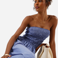 Vestido midi feminino sem alça com lastex listrado azul
