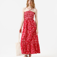 Vestido midi alça fina feminino de algodão com recorte floral vermelho
