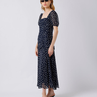 Vestido midi feminino manga bufante franzido poá mindset azul