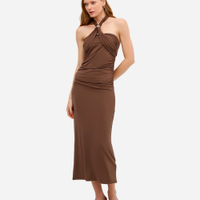 Vestido midi feminino frente única franzido marrom