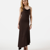 Vestido midi feminino decote degagê assimétrico marrom