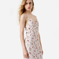 Vestido midi feminino alça fina com fenda floral bege