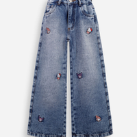Calça wide leg infantil jeans com bordados hello kitty azul