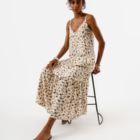 Vestido midi de viscose alça fina com recorte animal print bege
