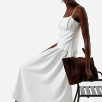 Vestido midi feminino alça fina com recorte franzido off white