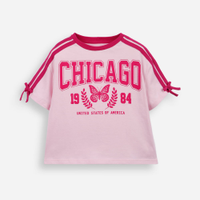 Camiseta infantil de algodão estampada com laço rosa