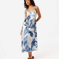 Vestido midi feminino com linho folhagem azul