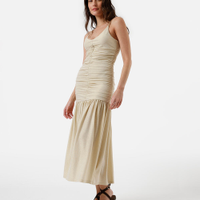 Vestido midi alça fina feminino franzido bege