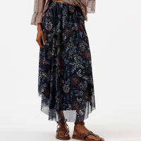 Saia midi feminina de tule cós elástico floral azul