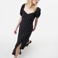 Vestido midi feminino de viscose com fenda estampado preto
