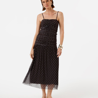 Vestido midi alça fina feminino de tule franzido poá marrom