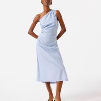 Vestido midi feminino ombro único franzido listrado azul