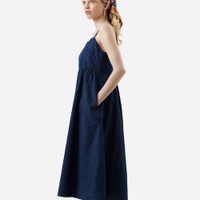 Vestido midi feminino jeans alça fina com bolsos azul