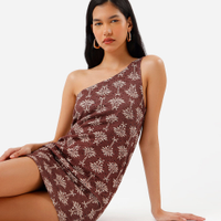 Vestido curto feminino ombro único folhagens marrom