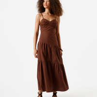 Vestido longo alça fina feminino de algodão com recortes marrom