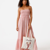 Vestido longo sem alça feminino com viscose e recorte listrado vermelho