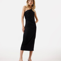 Vestido midi feminino ombro único franzido - preto