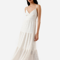Vestido longo feminino de laise com amarração floral off white